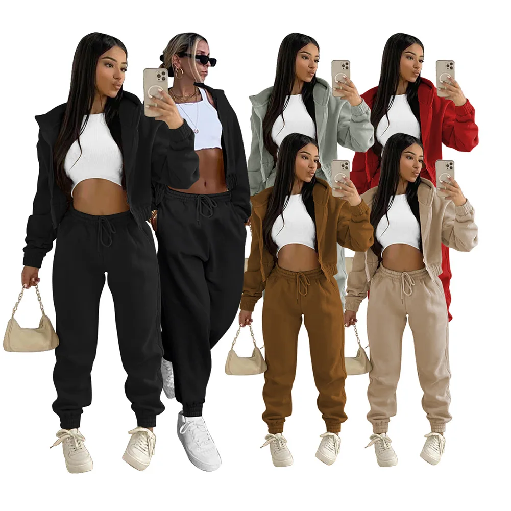 

2022 women's new style coat pants plus velvet sweater hooded leisure sports mountaineering suit two-piece suit