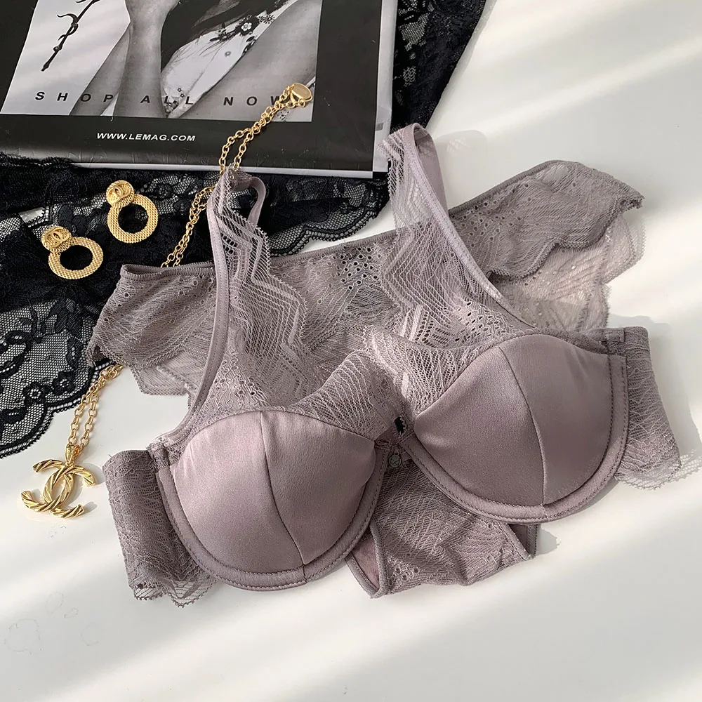 

Women's Bra Set Luxury Mulberry Silk Mask Lace Bra Low Waist Hollowed Out Women's Underwear Half Cup Soft Steel Ring Bra