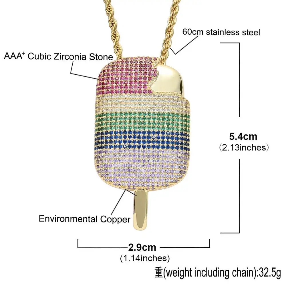 

Creative Full Rainbow Colors Cubic Zircon Ice Cream Pendant Fashion Designer Hip Hop Iced Out DJ Rapper Jewelry