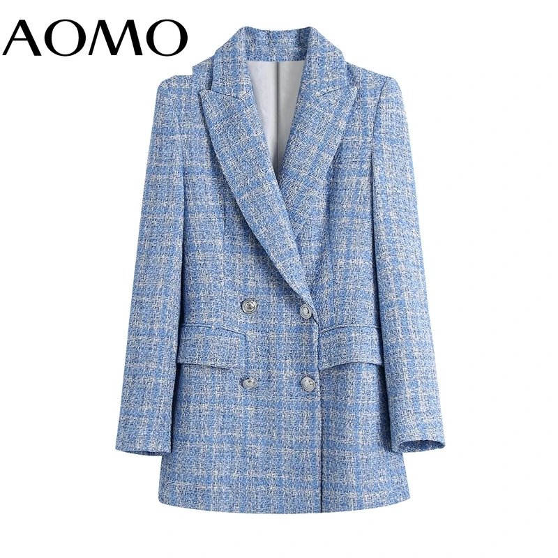

Женский двубортный твидовый Блейзер AOMO, синий пиджак с карманами и длинным рукавом, верхняя одежда для офиса, BE508A, 2021