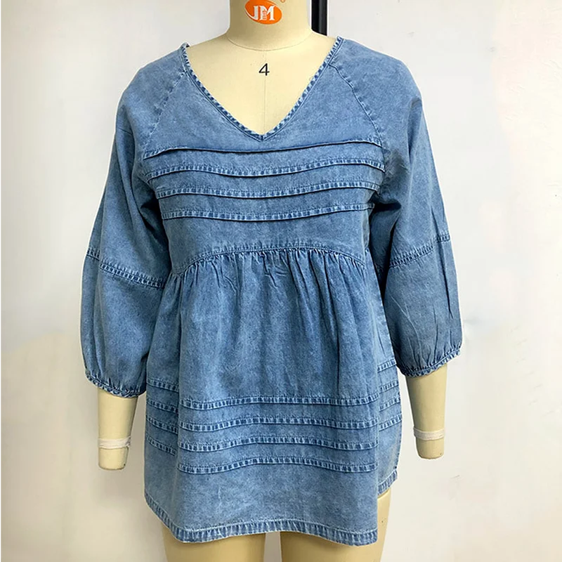 

Long Sleeve Denim Top for Women 2021 Spring Fashion V-neck 3/4 Lantern Sleeve Solid Color Sexy Loose V-neck Top for Women 2021