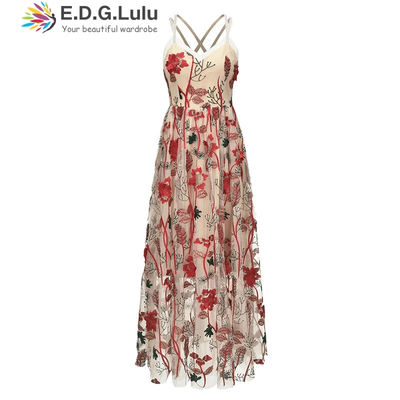 Платье с цветочной вышивкой EDGLuLu Летнее Длинное открытой спиной и винтажным