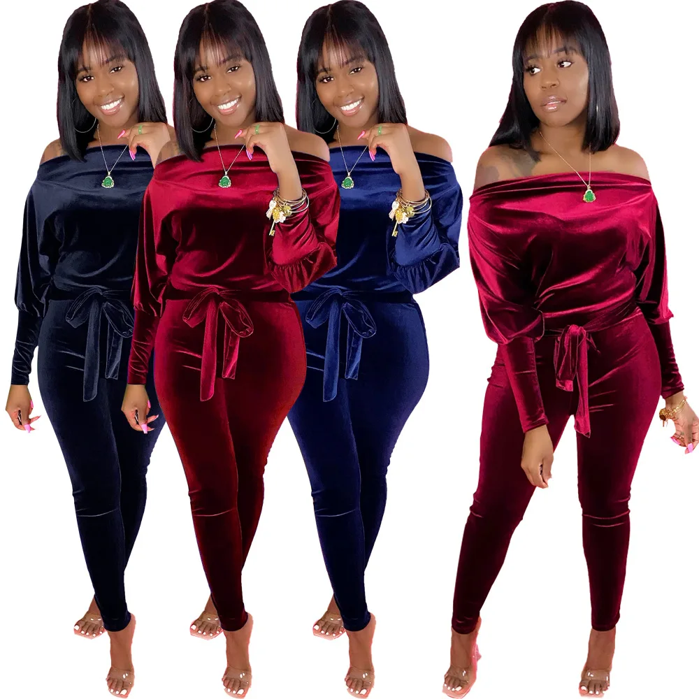 

Echoine Autumn Warm Velvet Off Shoulder Slash Jumpsuit Long Sleeve Elegant Rompers with Belt Lantern Sleeve Playsuit Clubwear