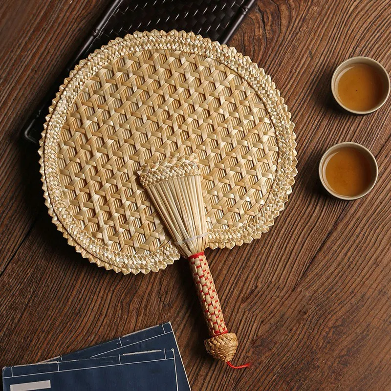 

2x Straw Hand Fan Old Summer Natural Hand Fan Environmentally Friendly Hand-Woven Fan Decorative Banana Fan & Round Fan