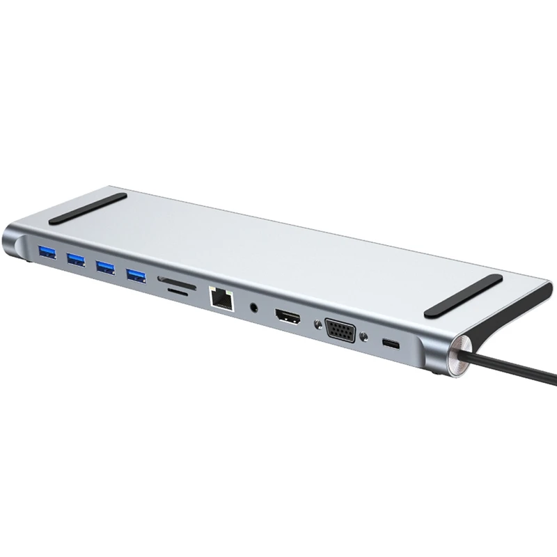 

Aluminum C-Type Docking Station for Port 11 in 1 TYPE-C to USB3.0X4 RJ45 (100M) VGA PD AV SD TF Gray