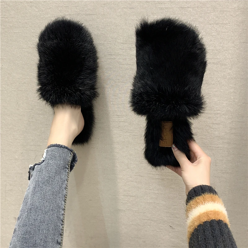 2019 г. Хит продаж модные пушистые тапочки с круглым носком женские домашние