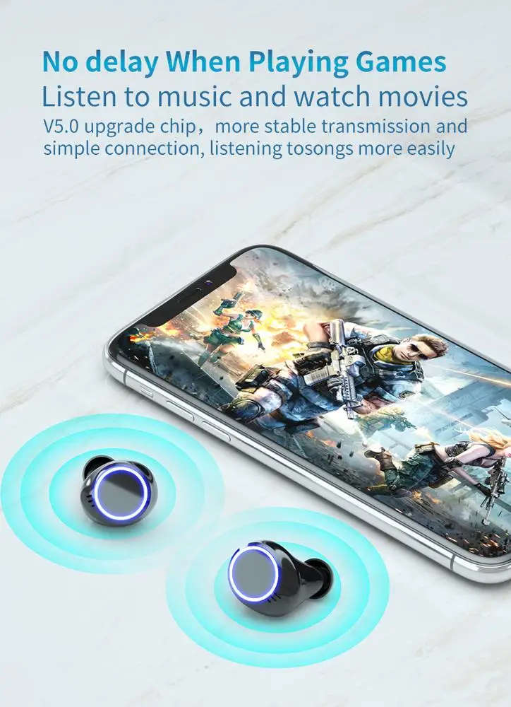 

Wireless Bluetooth 5.1 Headset Large-capacity Battery Display Stereo Touch Binaural Earphones