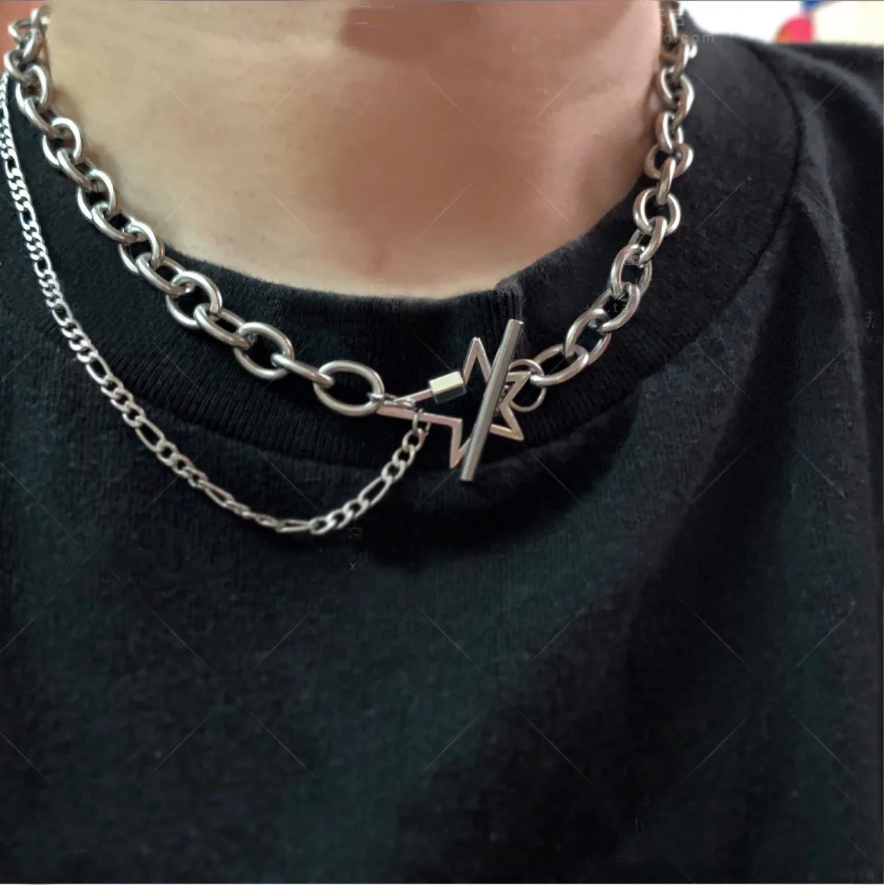

Trendy Cool Boy & Girls Hip hop Necklaces Punk Silver Color Chain Geometric Five-pointed Star Choker Necklaces bijoux for women