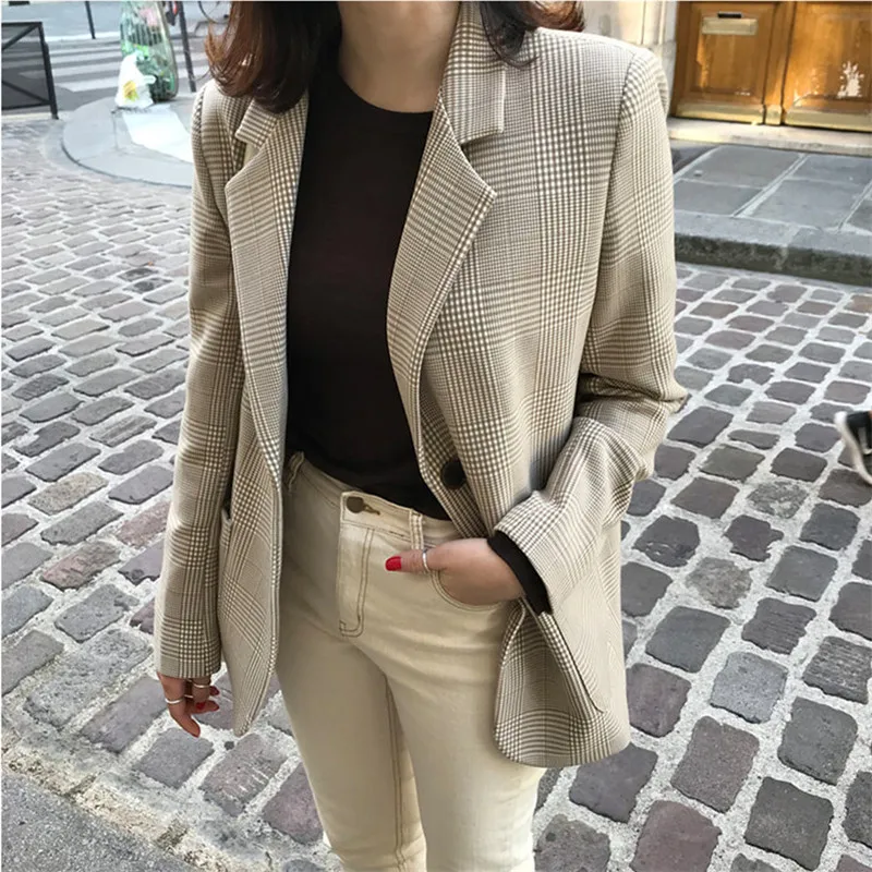 

JA0006 Vintage Notched Single-breasted Casual Blazers Check Retro Temperament Buttons Suit Jacket For Women 2021 одежда женская
