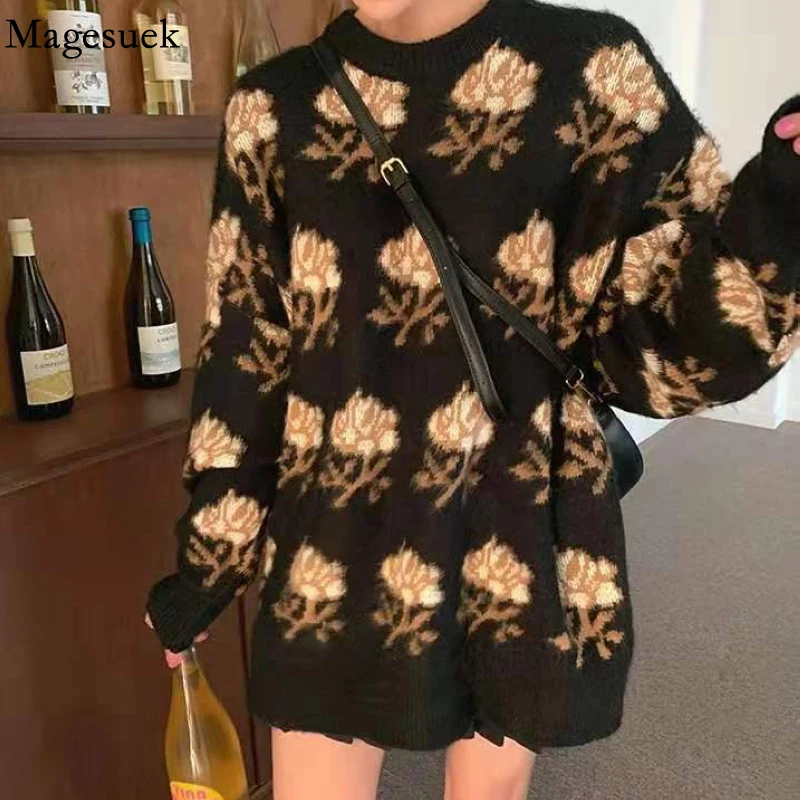 

Korean Fashion Floral Printed Sweater Knitted Round Neck Autumn Winter Sweet Long Sweater Women Pullover Warm Loose Tops 17890