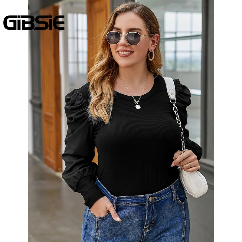 

GIBSIE Plus Size Crew Neck Rib-knit Black T-Shirt Women Autumn Puff Long Sleeve Elegant Top Office Lady Slim Fit Tee and Tshirt