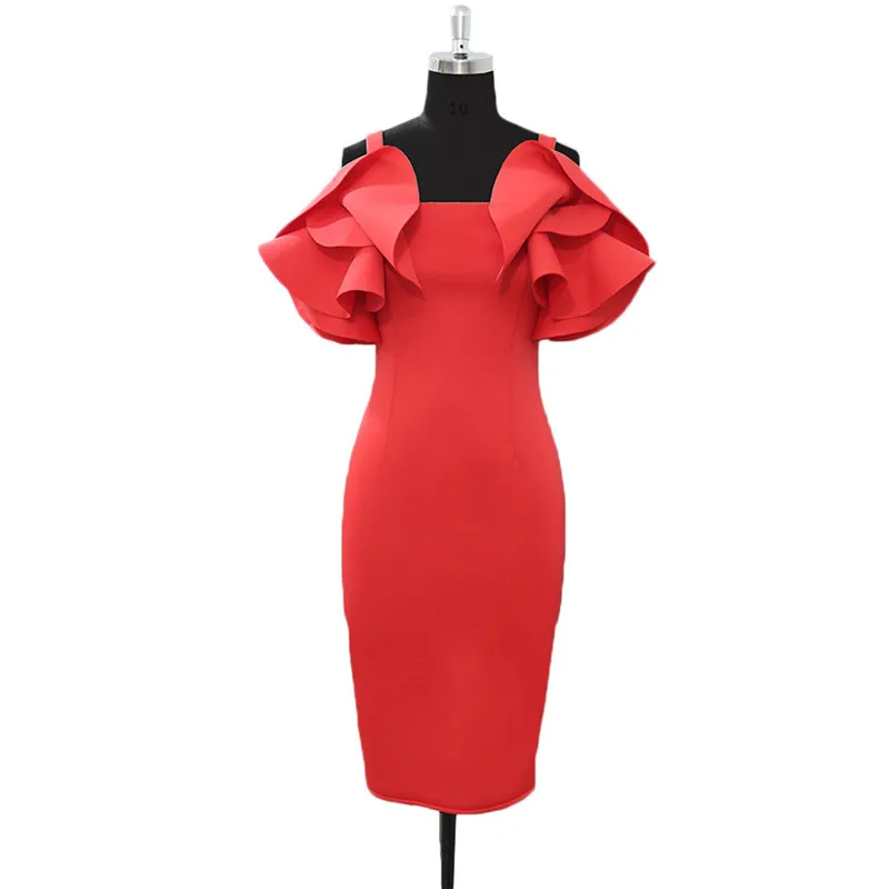 

Women Bodycon Dress Sexy Ruffle Flare Sleeves Nightclub Slim Party Celebrate Fashion African Female Evening Package Hip Vestidos