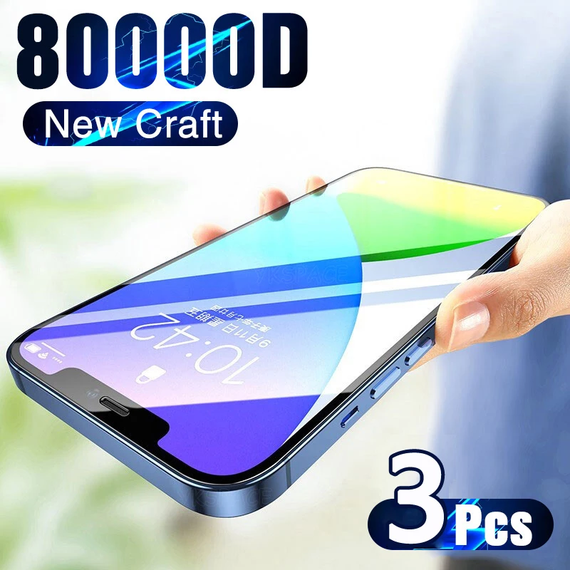 

3Pcs 80000D Black White Transparent Screen Protector for iPhone 13 12 11 Pro X XS Max XR 12 mini 9H Tempered Glass Clear Film
