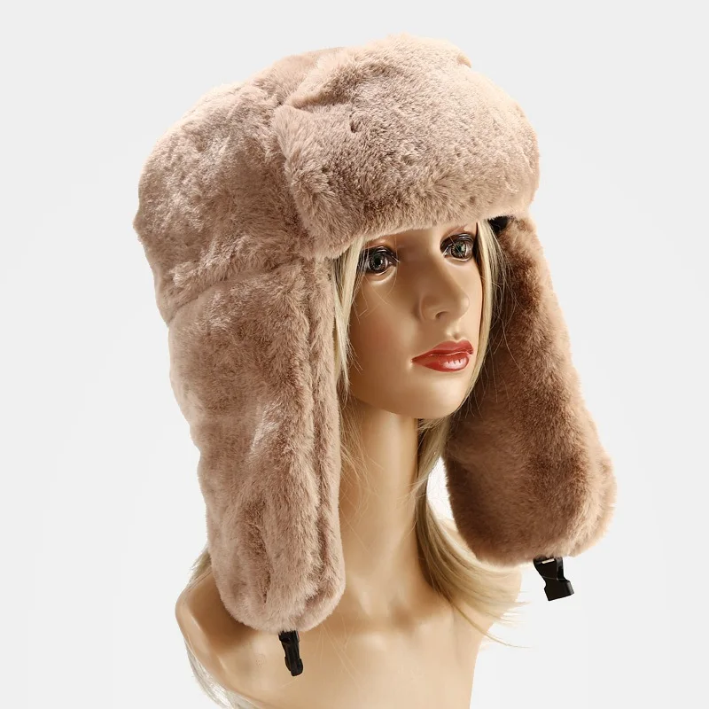 NEW Warm Faux Rabbit Fur Hats Women Winter Bomber Hat With Ear Flap Ski Cap Men Pilot Trapper Trooper Hat Outdoor Bomber Muts men's bomber hats