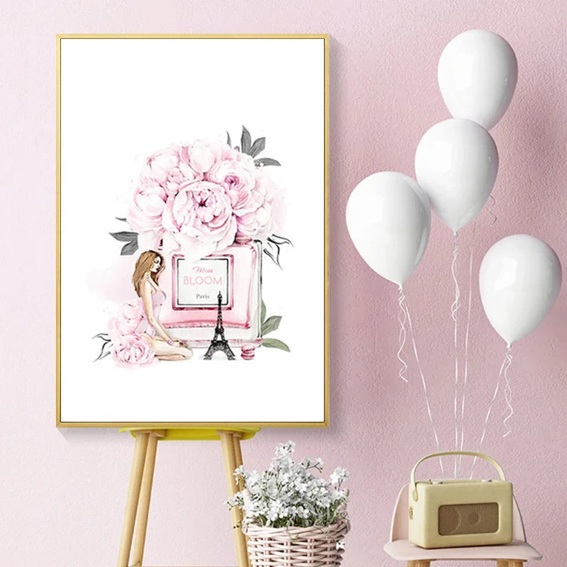 

Nordic Minimalist Perfume Pack Fashion Printed Poster Parisian Fashion Girl With Lip Canvas Art Painting Modern Home Wall Decor
