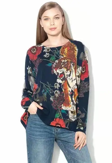 

Spain desigual ladies retro loose print beaded sweater long-sleeved sweater round neck top thin section