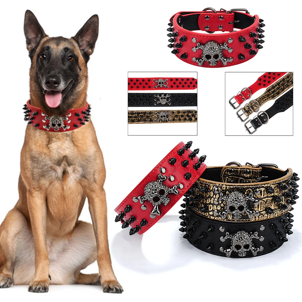 

5cm Wide Spiked Studded PU Leather Dog Collar Bullet Rivets With Cool Skull Pet Accessories For Meduim Large Dog Pitbull Collars