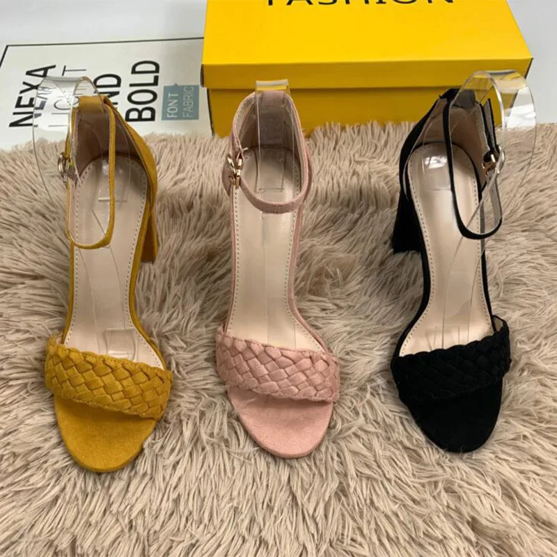 

Ladies Weave Sandals Square Heels One-line Shoes Summer Women's Ankle Buckle Sweet Fashion Cover Heels New Pu Party Shoe 2021