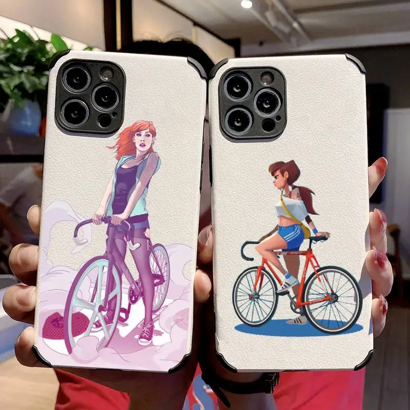 

Cartoon cycling girl Phone Case Lambskin Leather For iphone 12 11 8 7 6 XR X XS PLUS MINI PLUS PRO MAX Shockproof