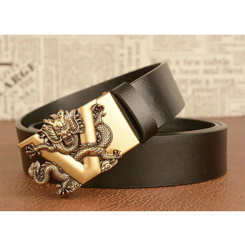 

Mens Belts Genuine Leather Luxury Letter V Dragon Gold Silver Automatic Buckle Solid Pattern Casual Belt Strap Belt For Male