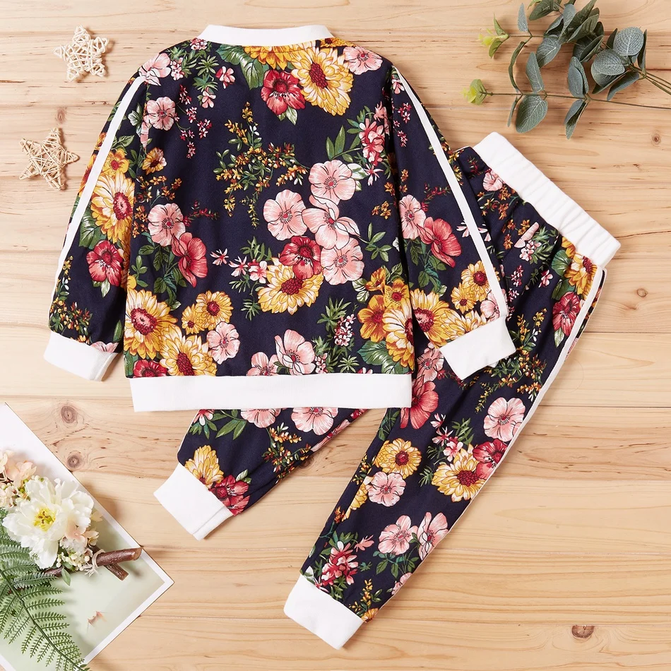 PatPat New Arrival Spring and Autumn 2021 2-piece Baby Toddler Girl Vintage Floral Allover Jacket and Striped Pants Sets