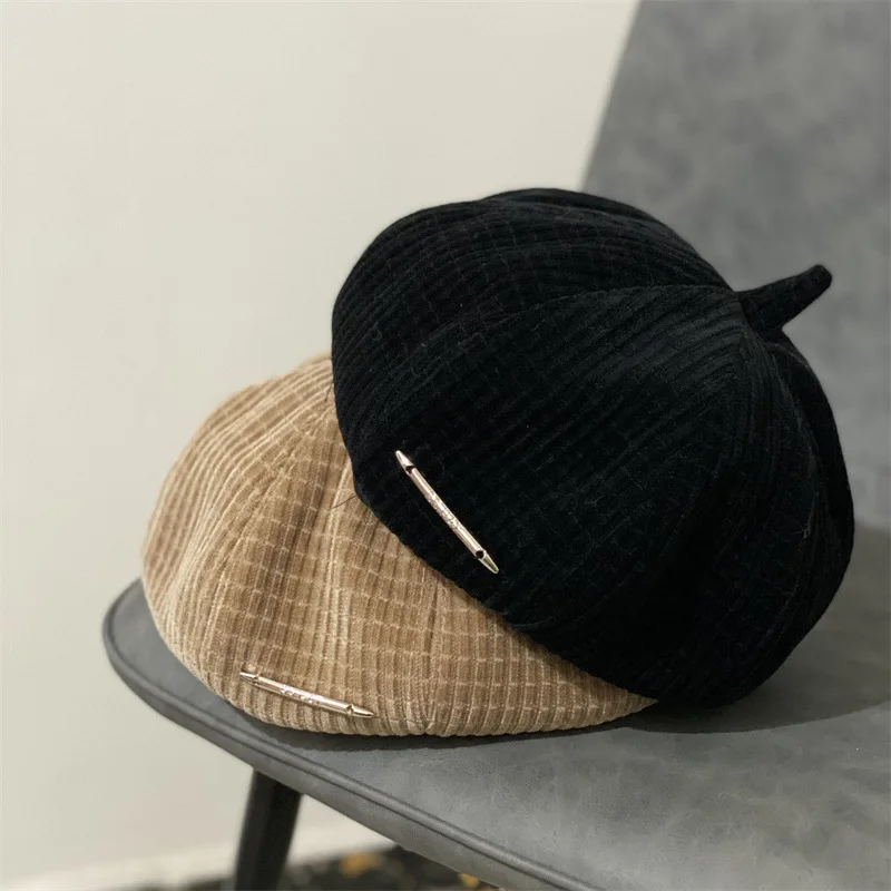 

202111-2509417 Осенняя Вельветовая шапка в клетку с линейным фонарем, мужская женская шапка художника для отдыха