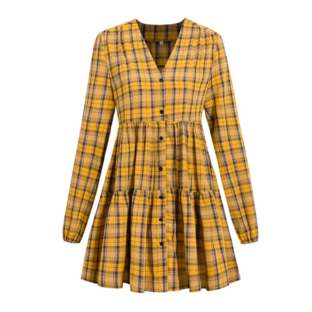 

Женское винтажное клетчатое платье-трапеция, вечернее платье с длинным рукавом и V-образным вырезом, элегантное платье, весна 2022, модные пла...