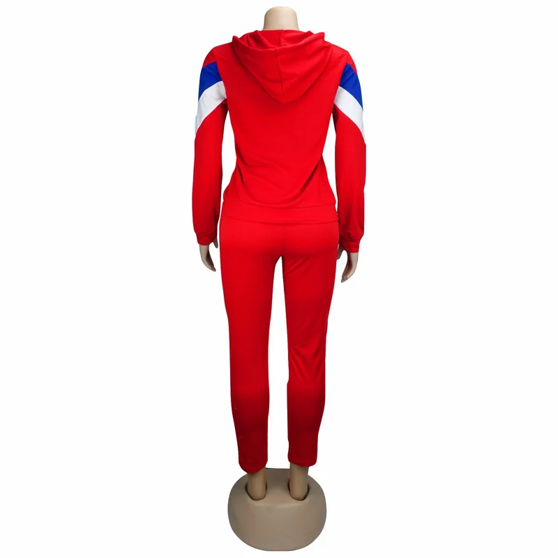 

Geometric Patchwork 2 Piece Female Tracksuit Hooded Long Sleeve Coats And Slim Fit Pants Sweatsuit Casual Sportswear Club Outfit