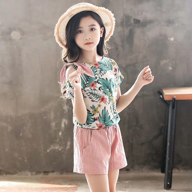 

Girls Summer Suit 2020 New Children Clothing Fashion Print Short-sleeved T Shirt+Shorts 2pcs Baby Girl Outfits Kids Clothes Sets