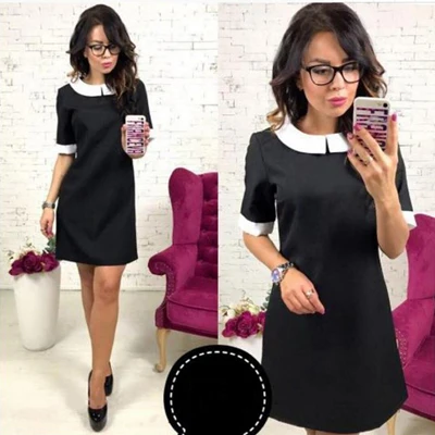 Black Однотонное мини-платье с круглым отложным воротником и коротким рукавом, женские повседневные Прямые платья выше колена, летние женские Клубные вечерние мини-платья, новинка - Цвет: Black