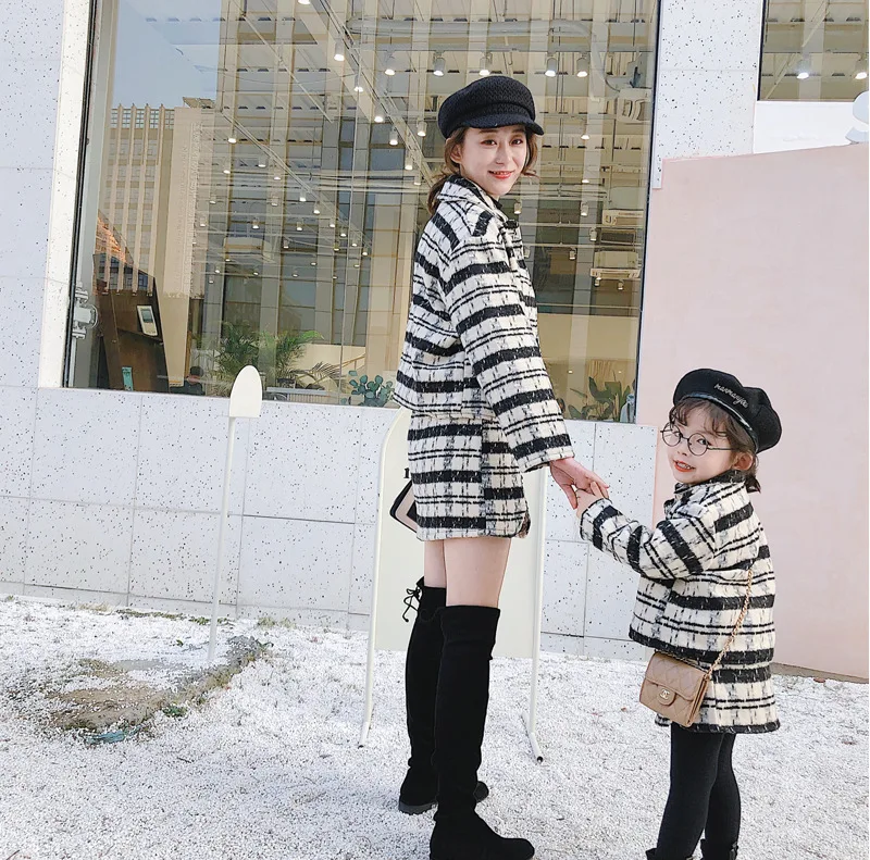 Клетчатый костюм для мамы и дочки зимнее платье ребенка свадебное принцессы