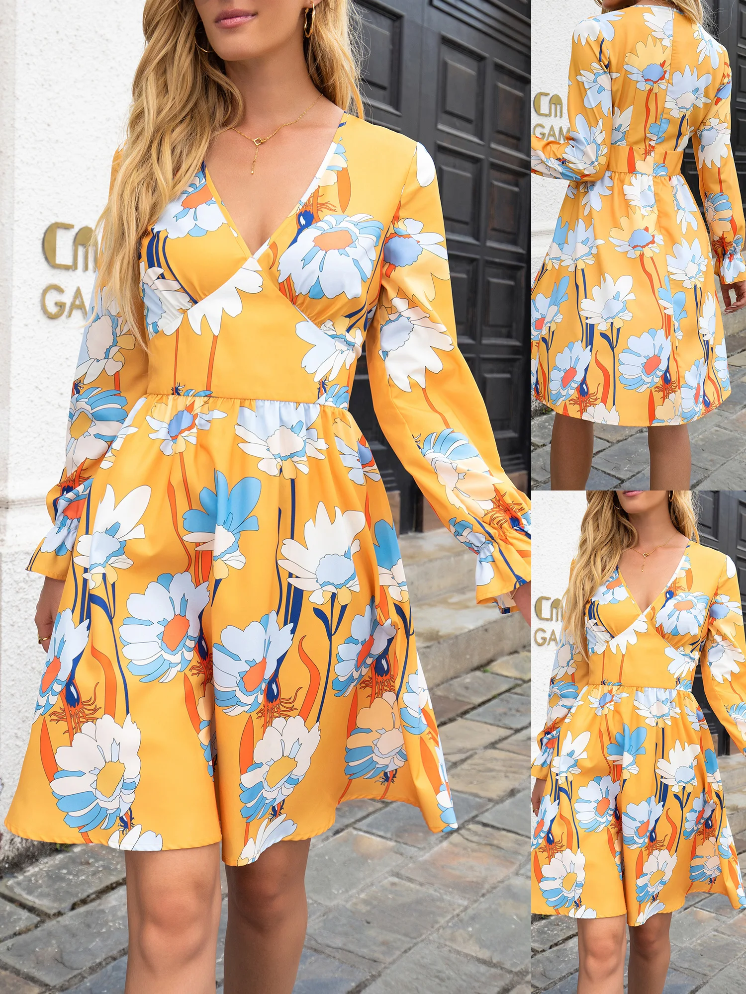 

Women's Beach Mini Dress Floral Print Boho Short Dresses Ruffle Long Sleeve Wrap Casual Holiday V-Neck Sexy Party Club Dresses