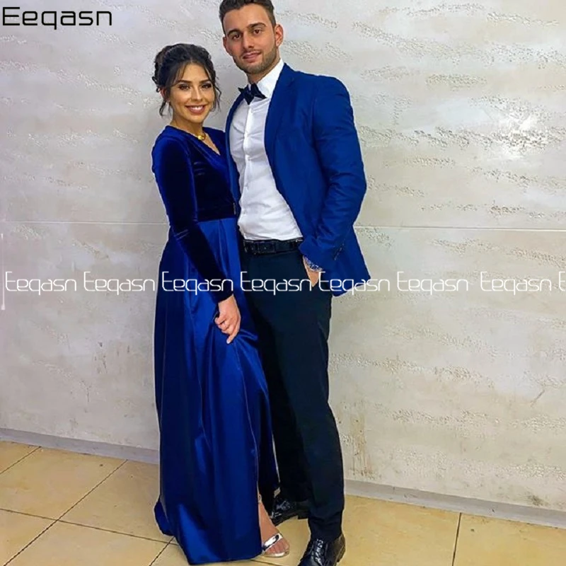 

Eeqasn Sexy Prom Dress 2020 Long Sleeves Royal Blue V Neck Woman Formal Dresses with Slit Special occasion dress