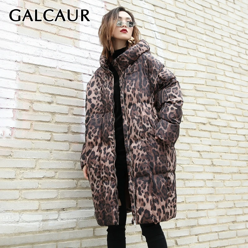 GALCAUR модные зимние леопардовые хлопковые пальто для женщин с капюшоном и длинным