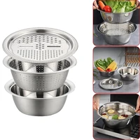 3pcs stainless steel pot vegetable cutter slicer drain basket sieve kitchen tool grater strainer rice washing filter
