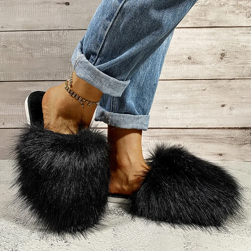

Women Summer Furry Slippers Fluffy Home Shoes For Women Ladies Flops With Female Fur Sandals