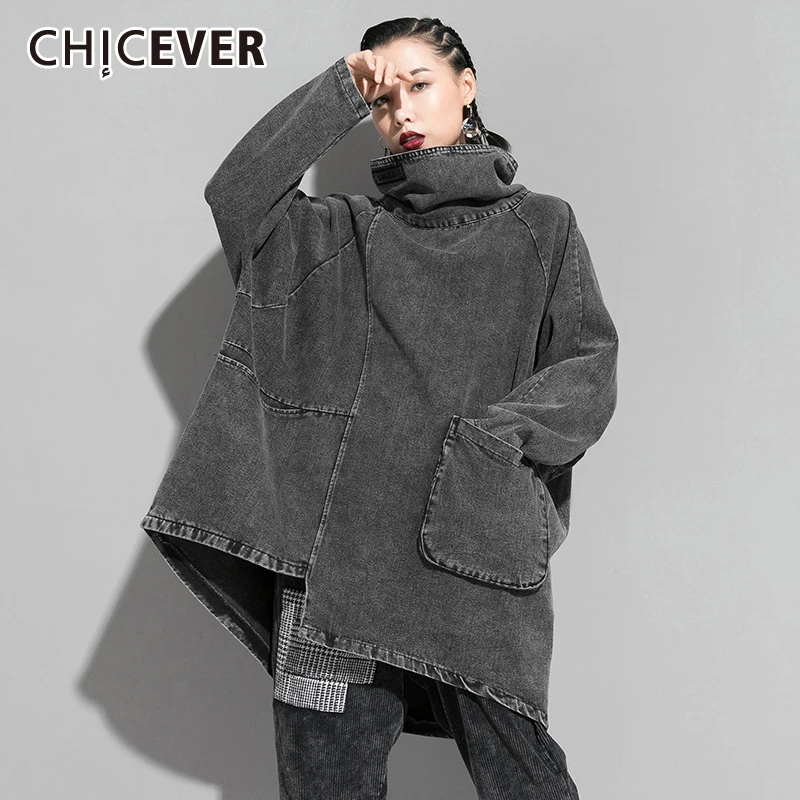 CHICEVER корейский нерегулярный джинсовый спортивный свитер для женщин водолазка с длинным рукавом Свободный пуловер осенний свитер женский