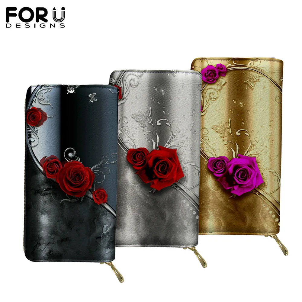 

FORUDESIGNS Rose Flower Print Christmas Women Wallets Gothic Ladies Purse Card Holder Passport Phone Money Bags for Teen Girls