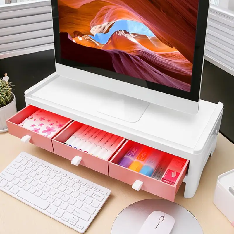 Multi-function Monitor Stand Riser Desktop Holder Bracket with 3 Drawer Storage Box Organizer for Home Office Laptop PC