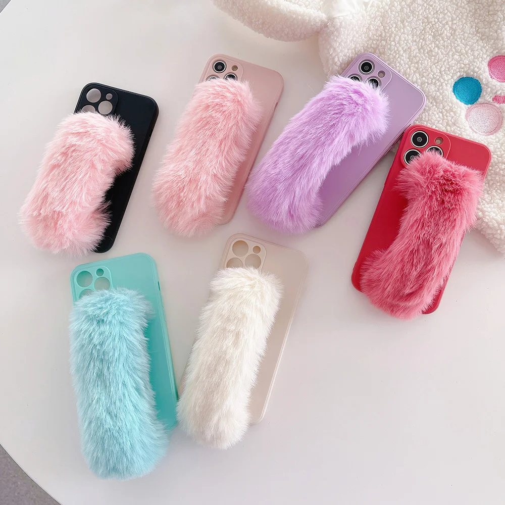 

Winter Warm Fur Wrist Strap Case For iPhone 6 7 8 Plus X XR XS Max 11 2 13 Pro Max Mini Soft TPU Phone Back Cover Shell Holder