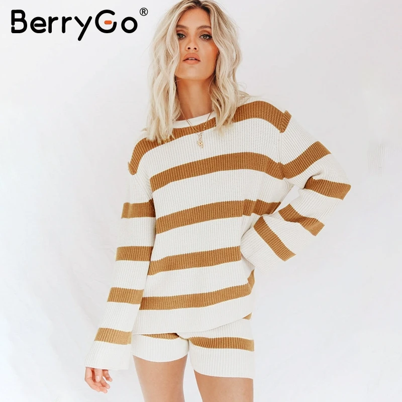 BerryGo Two-piece striped women pullover sweater Lace up long sleeve female jumpers Autumn winter warm knitted ladies sweaters | Женская