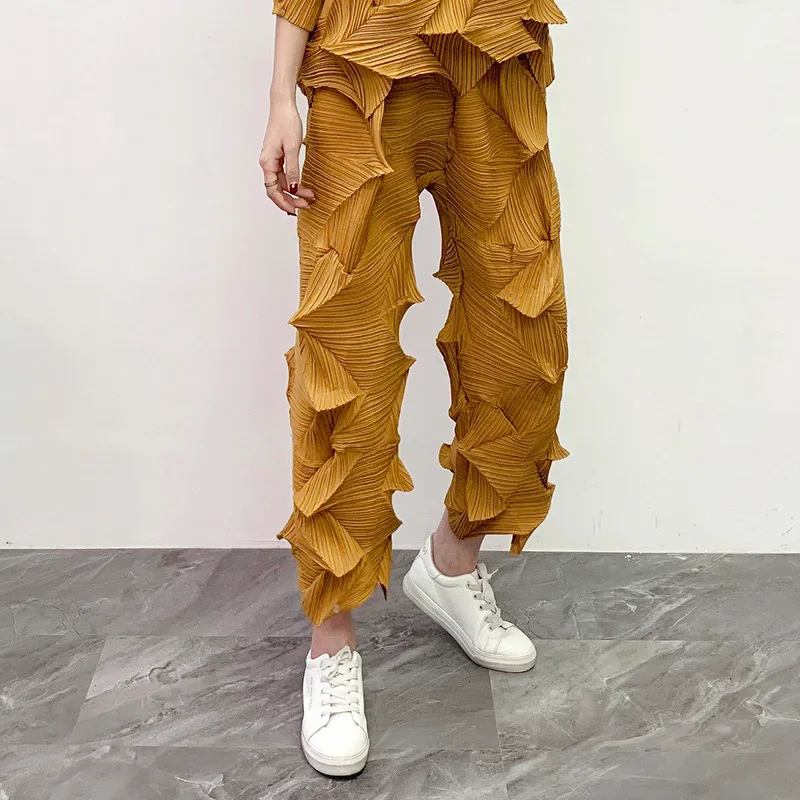 yellow pants 2 шт. наряды для женщин Miyake складки пожалуйста однотонный повседневный комплект пуловер футболка длинные широкие брюки осенний модный костюм - Цвет: yellow pants