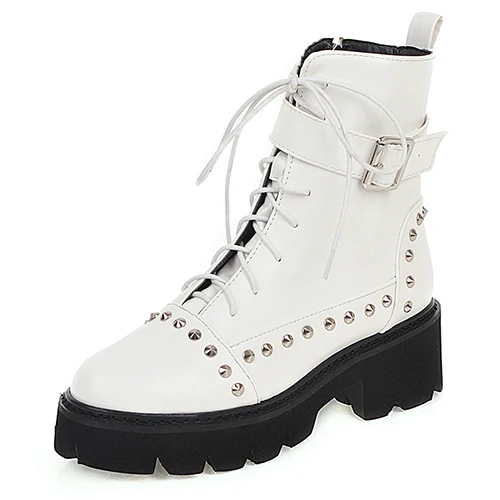 white shoes Gdgydh/пикантные ботинки в стиле милитари с заклепками; женские ботильоны из черной кожи на шнуровке; полусапожки в готическом стиле на среднем каблуке; сезон осень; высокое качество - Цвет: white shoes
