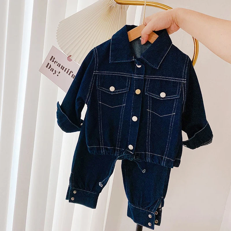 

Autumn Winter Baby Kids Clothes For Girls Fashion Boys Tracksuits Sets Long Sleeve Denim Children Suits Solid Blue 2 to 6 Years