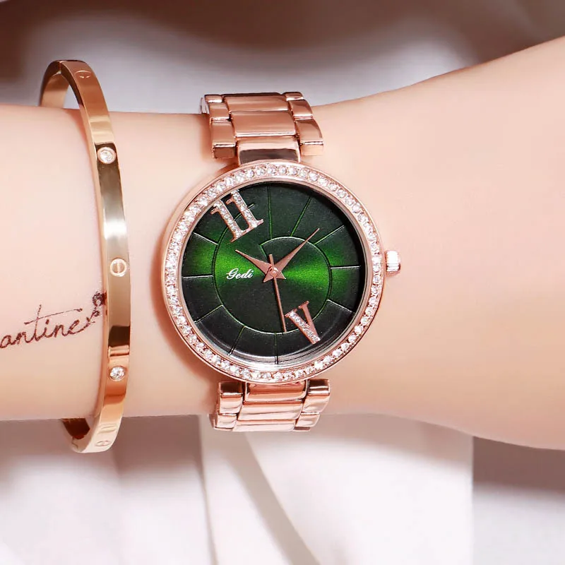 Rosegold green GEDI модные элегантные женские часы с ремешком из сплава розового золота кварцевые наручные часы женские роскошные стразы уникальный дизайн часы с буквами - Цвет: Rosegold green
