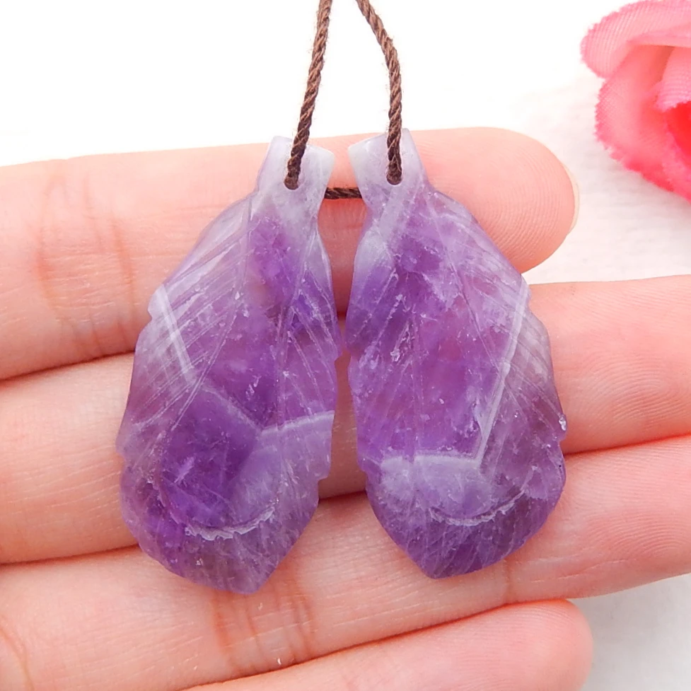 

New!! Hand Carved Amethyst Feather shaped earrings beads, 35x17x5mm8.2g