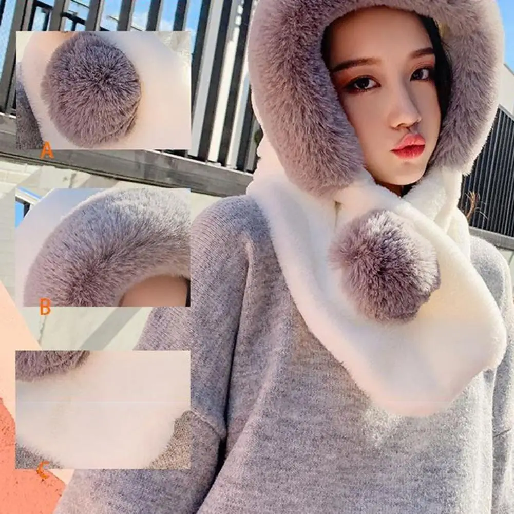 

Warm Hooded Scarf Plush Skiing Cap 2 In 1 Women Winter Warm Soft Hood Scarf Snood Hats Fashion Hooded Srarves Scarf Hat