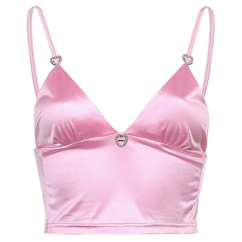 Топ женский атласный с V-образным вырезом пикантный укороченный однотонный