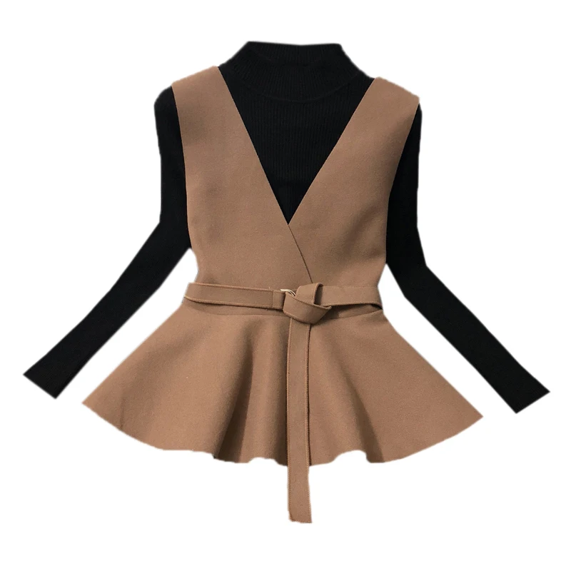 ALPHALMODA осень НОВАЯ Трикотажная нижняя рубашка+ жилет модный костюм из двух частей женский жилет с v-образным вырезом и поясом+ свитер с длинными рукавами