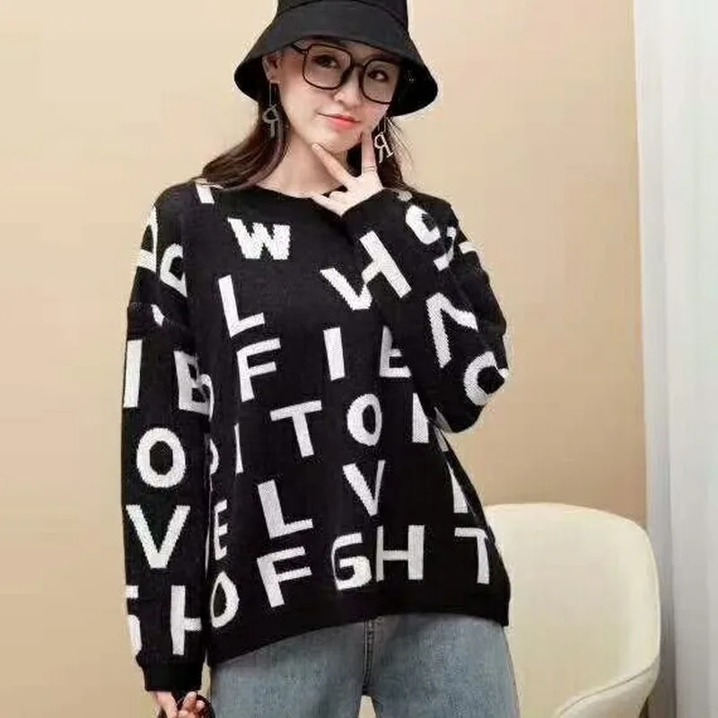 

Korean Version of The Round Neck Loose Sweater Women's Autumn New College Style Lazy Pullover Sweater Jacquard Sweater